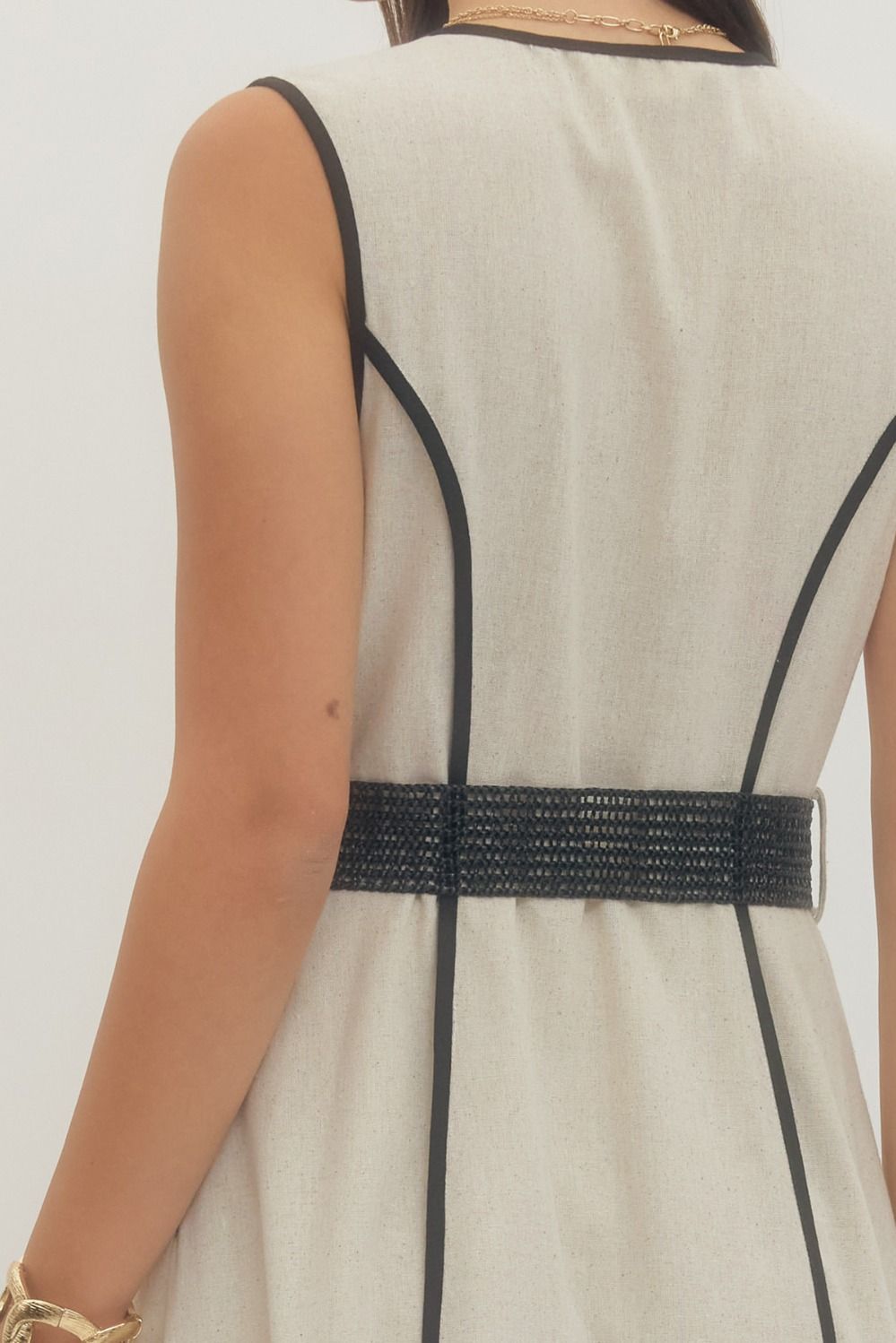 Sleeveless Linen Blend Dress w/Contrast Trim