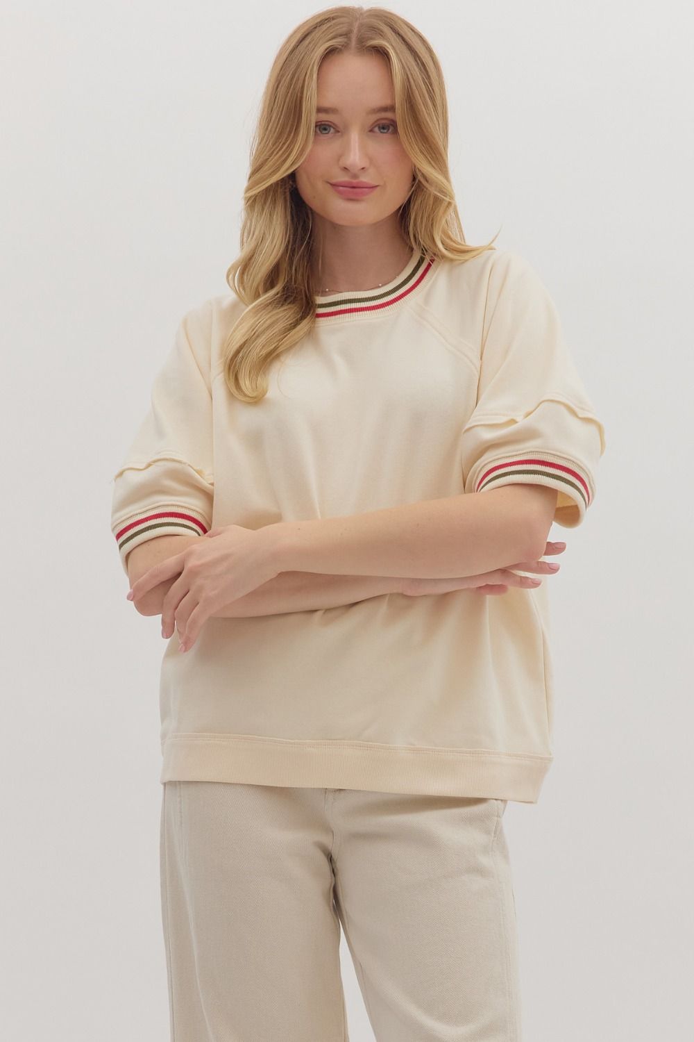 3/4 Sleeve Raglan Sleeve Pullover w/Multicolor Accent