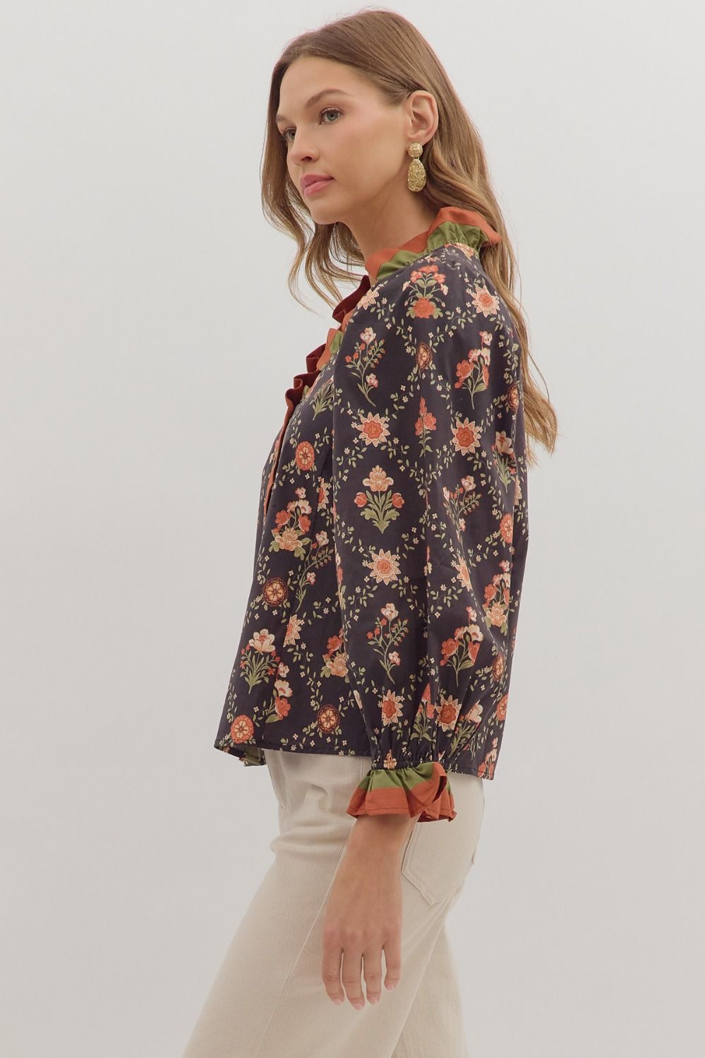 Floral Print Long Sleeve Top w/Multicolor Ruffle Trim