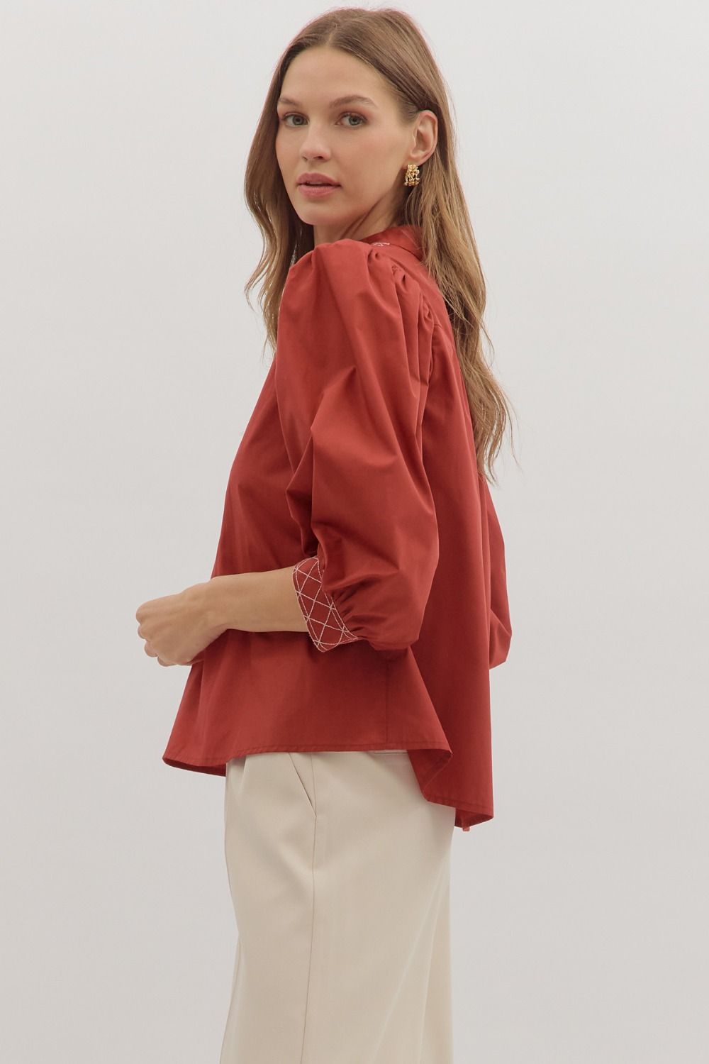 3/4 Puff Sleeve Embroidered Trim Top