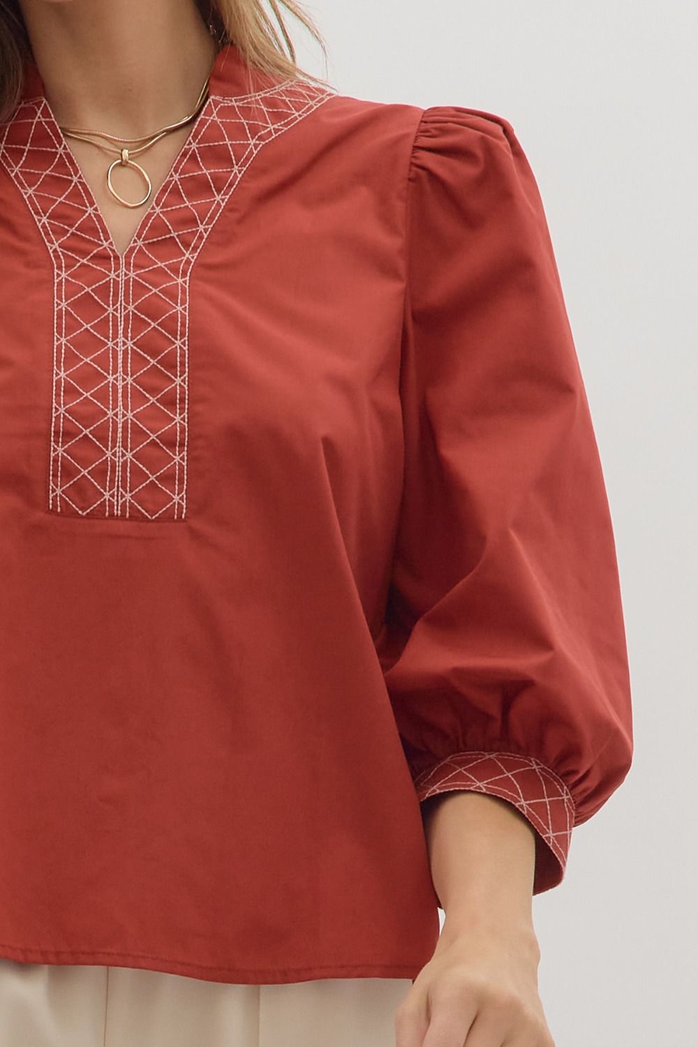 3/4 Puff Sleeve Embroidered Trim Top