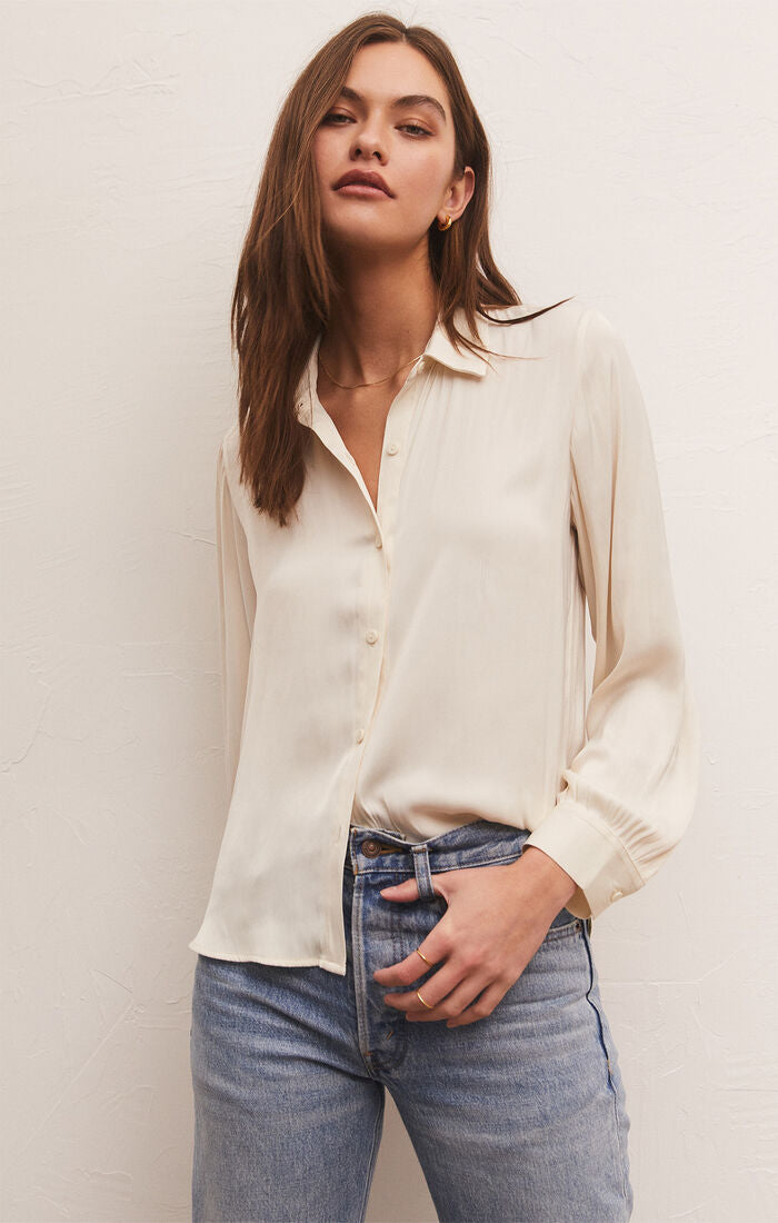 Sale Serenity Lux Sheen Button Up Top Sandstone