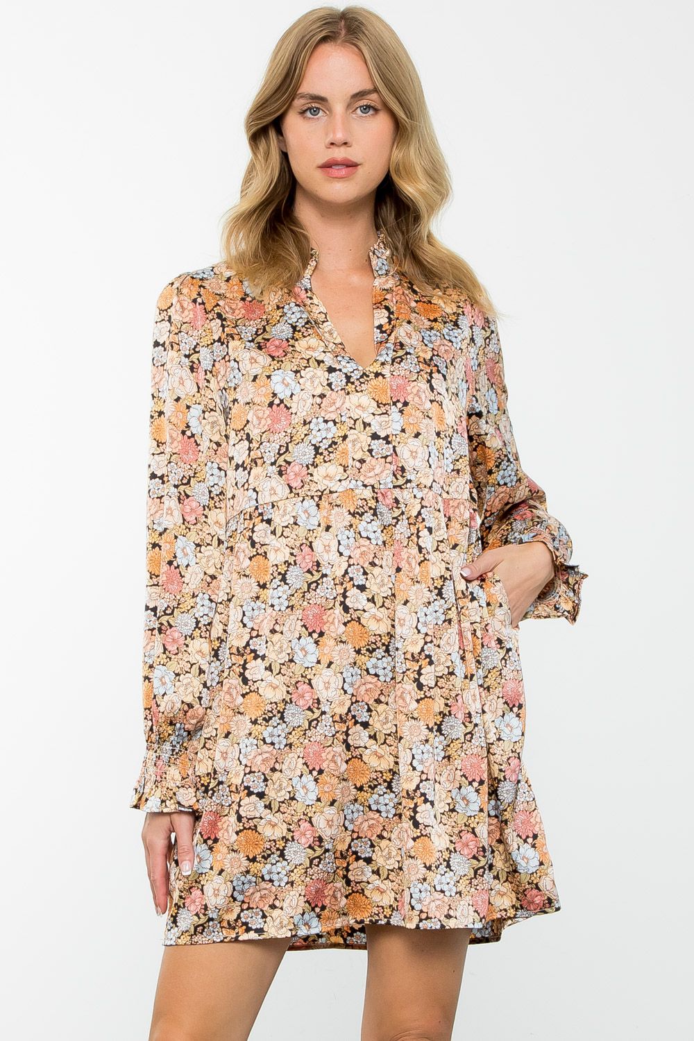 Sale Long Sleeve Floral Dress w/Pockets