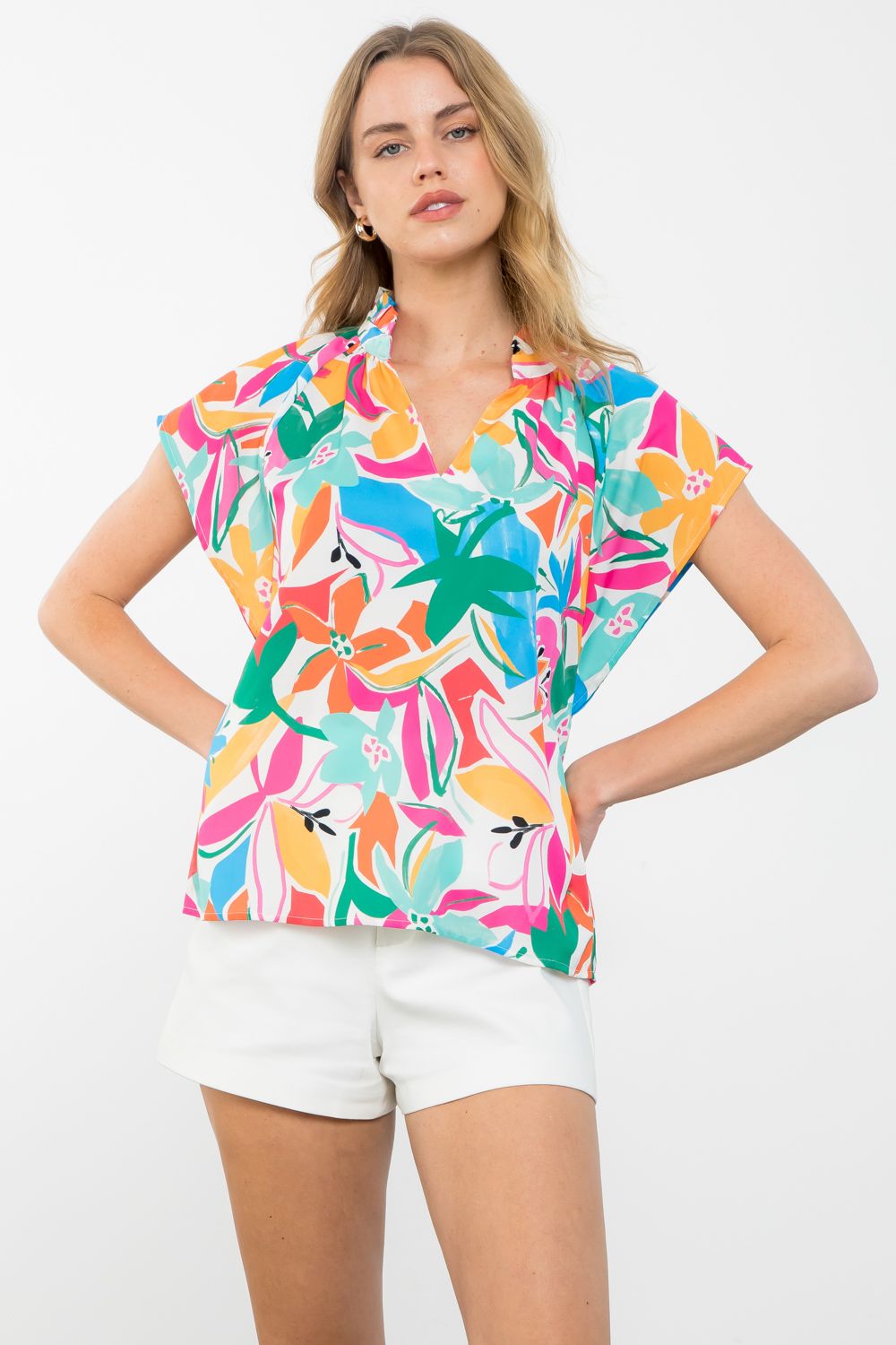 Sale Bright Tropical Print Short Sleeve Top