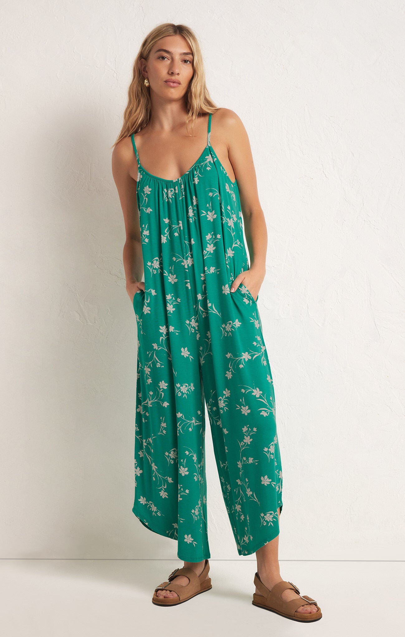 Flared Floral Jumpsuit Tropical Teal