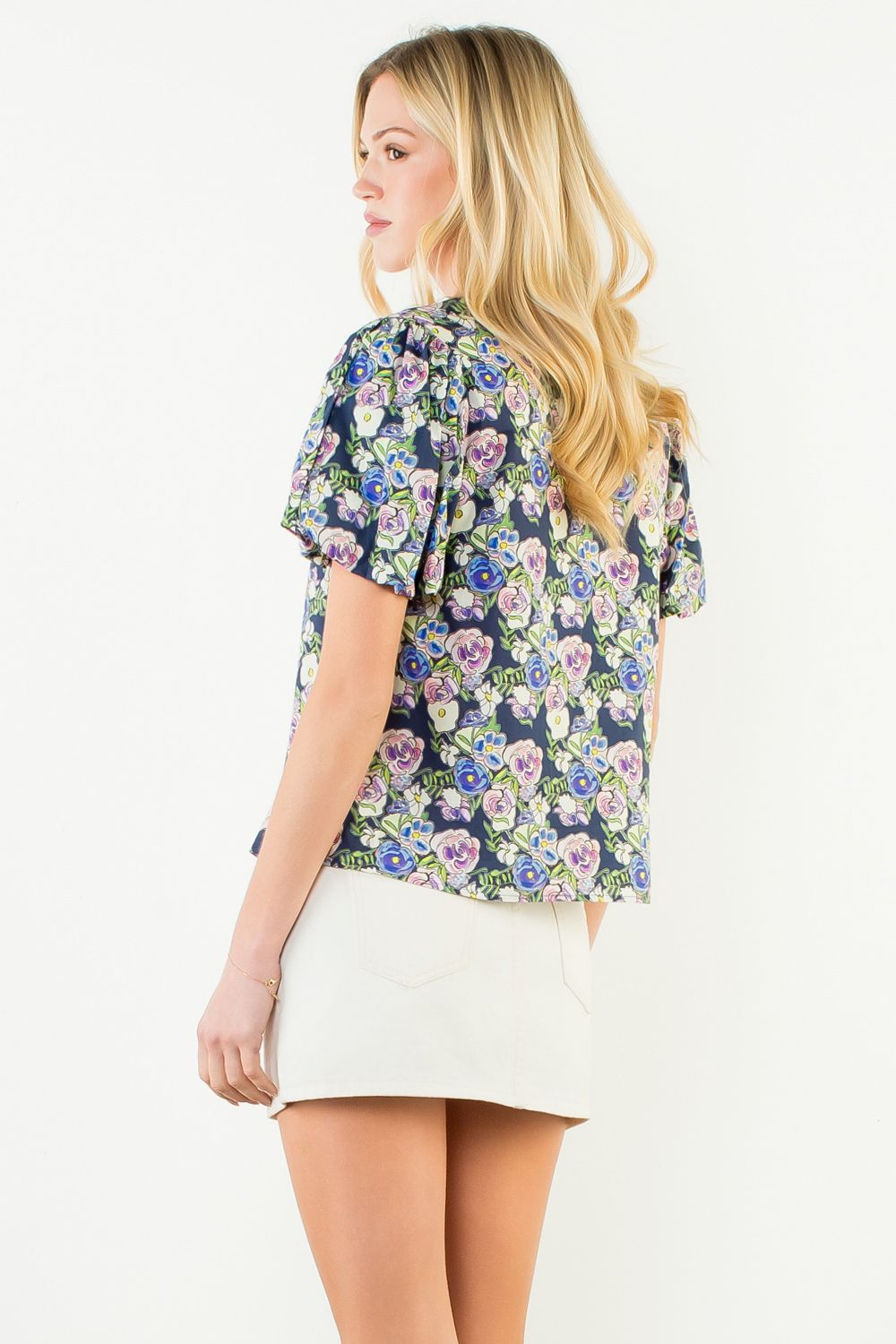 Puff Sleeve Floral Print V-Neck Top