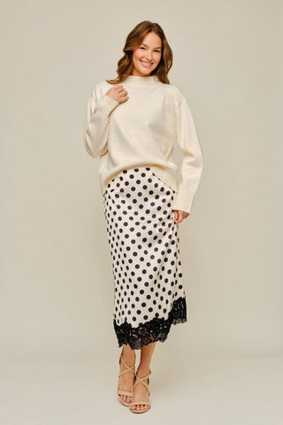 Jodifl Bottoms - Skirts Polka Dot Satin Midi Skirt w/Lace Hem Detail