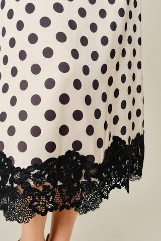 Jodifl Bottoms - Skirts Polka Dot Satin Midi Skirt w/Lace Hem Detail