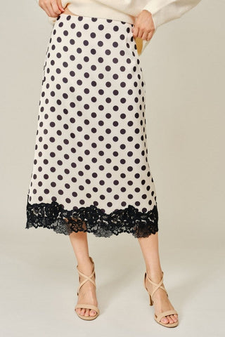 Jodifl Bottoms - Skirts Polka Dot Satin Midi Skirt w/Lace Hem Detail