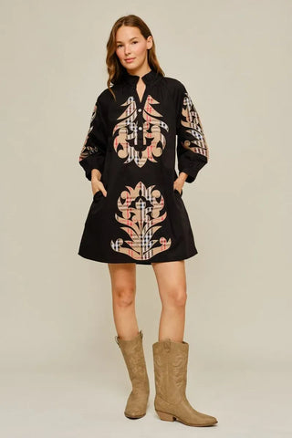 Jodifl Dresses 3/4 Sleeve Check Pattern Baroque Applique Dress