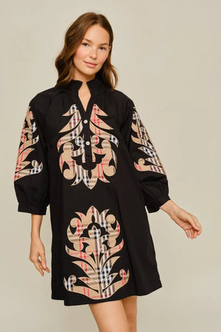 Jodifl Dresses 3/4 Sleeve Check Pattern Baroque Applique Dress