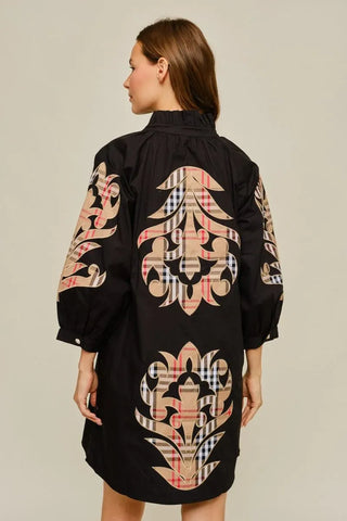 Jodifl Dresses 3/4 Sleeve Check Pattern Baroque Applique Dress