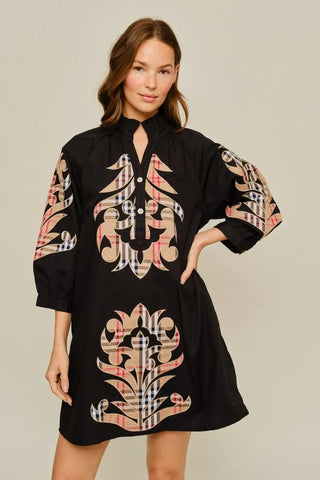 Jodifl Dresses 3/4 Sleeve Check Pattern Baroque Applique Dress