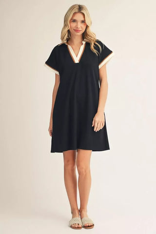 Jodifl Dresses Drop Shoulder Short Sleeve Dress w/Contrast Color Trim