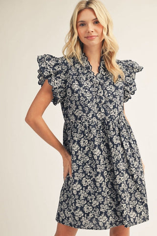 Layered Ruffle Sleeve Print Dress | Navy Floral | Jodifl