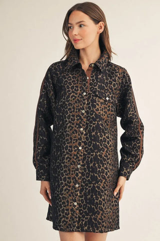 Jodifl Dresses Metallic Leopard Button Down Dress