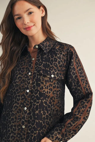 Jodifl Dresses Metallic Leopard Button Down Dress
