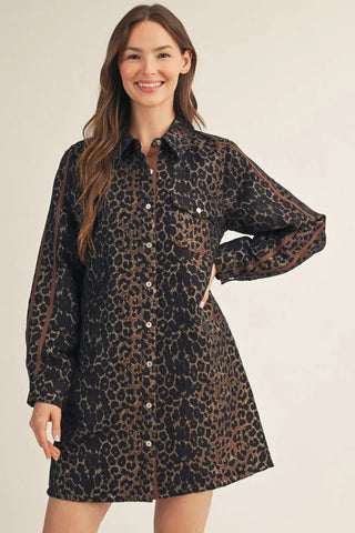 Jodifl Dresses Metallic Leopard Button Down Dress