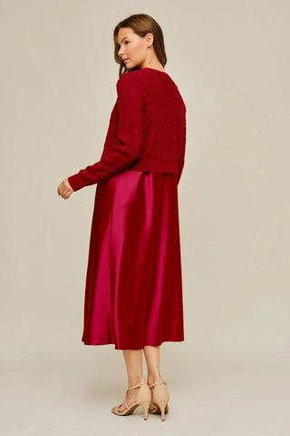 Jodifl Dresses Satin Cami Midi Dress w/Cable Knit Sweater Set