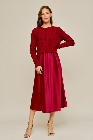 Jodifl Dresses Satin Cami Midi Dress w/Cable Knit Sweater Set