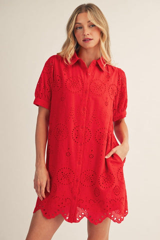 Jodifl Dresses Scallop Hem Detail Button Down Eyelet Dress