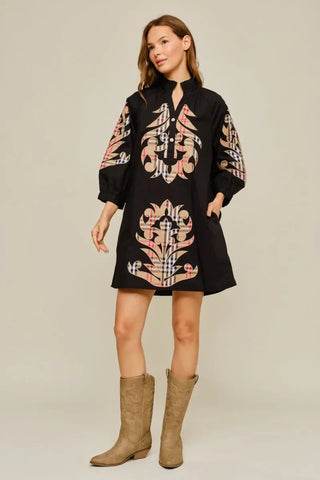 Jodifl Dresses Sm 3/4 Sleeve Check Pattern Baroque Applique Dress