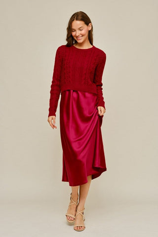 Jodifl Dresses Sm Satin Cami Midi Dress w/Cable Knit Sweater Set