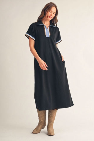 Jodifl Dresses Sm Short Sleeve Midi Dress w/Color Rib Band Trim