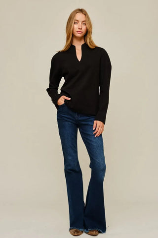 Jodifl Tops - Blouse Puff Shoulder Long Sleeve V-Neck Top Black