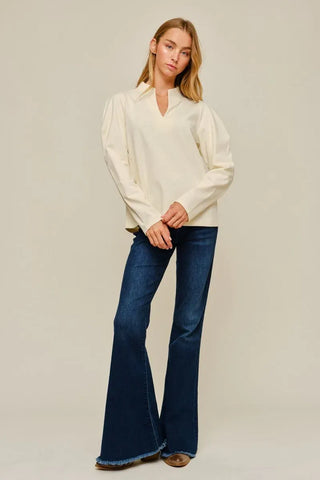 Jodifl Tops - Blouse Puff Shoulder Long Sleeve V-Neck Top Ivory