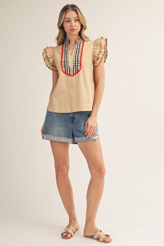 Jodifl Tops - Blouse Ruffle Sleeve Plaid Contrast Accent Top