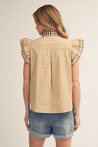 Jodifl Tops - Blouse Ruffle Sleeve Plaid Contrast Accent Top