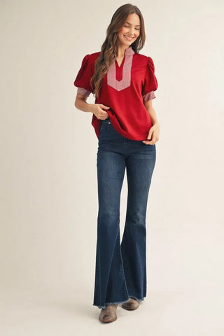 Jodifl Tops - Blouse Short Puff Sleeves High Neck Top