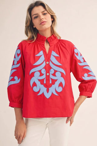 Jodifl Tops - Blouse Sm 3/4 Sleeve Baroque Applique Top