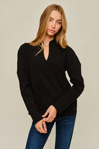 Jodifl Tops - Blouse Sm Puff Shoulder Long Sleeve V-Neck Top Black