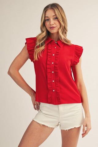 Jodifl Tops - Blouse Sm Ruffle Detail Button Down Crinkled Solid Top