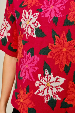 Jodifl Tops - Sweaters Short Sleeve Poinsettia Pattern Sweater w/Sequins