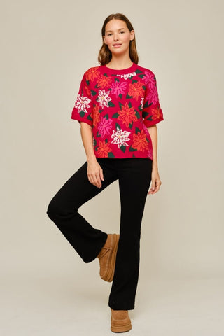 Jodifl Tops - Sweaters Short Sleeve Poinsettia Pattern Sweater w/Sequins