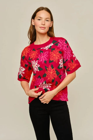 Jodifl Tops - Sweaters Sm Short Sleeve Poinsettia Pattern Sweater w/Sequins
