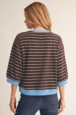 Jodifl Tops - Sweatshirt 3/4 Sleeve Striped Top with Blue Trim - Brown/White
