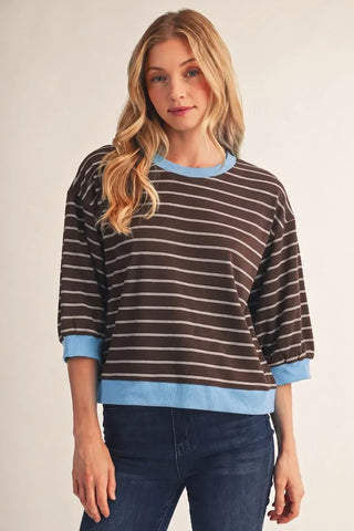Jodifl Tops - Sweatshirt Sm 3/4 Sleeve Striped Top with Blue Trim - Brown/White
