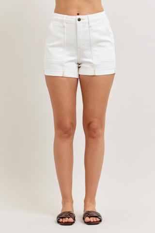 Judy Blue Bottoms - Shorts High-Rise  Aurora Weekender Short Double Rolled Cuff White