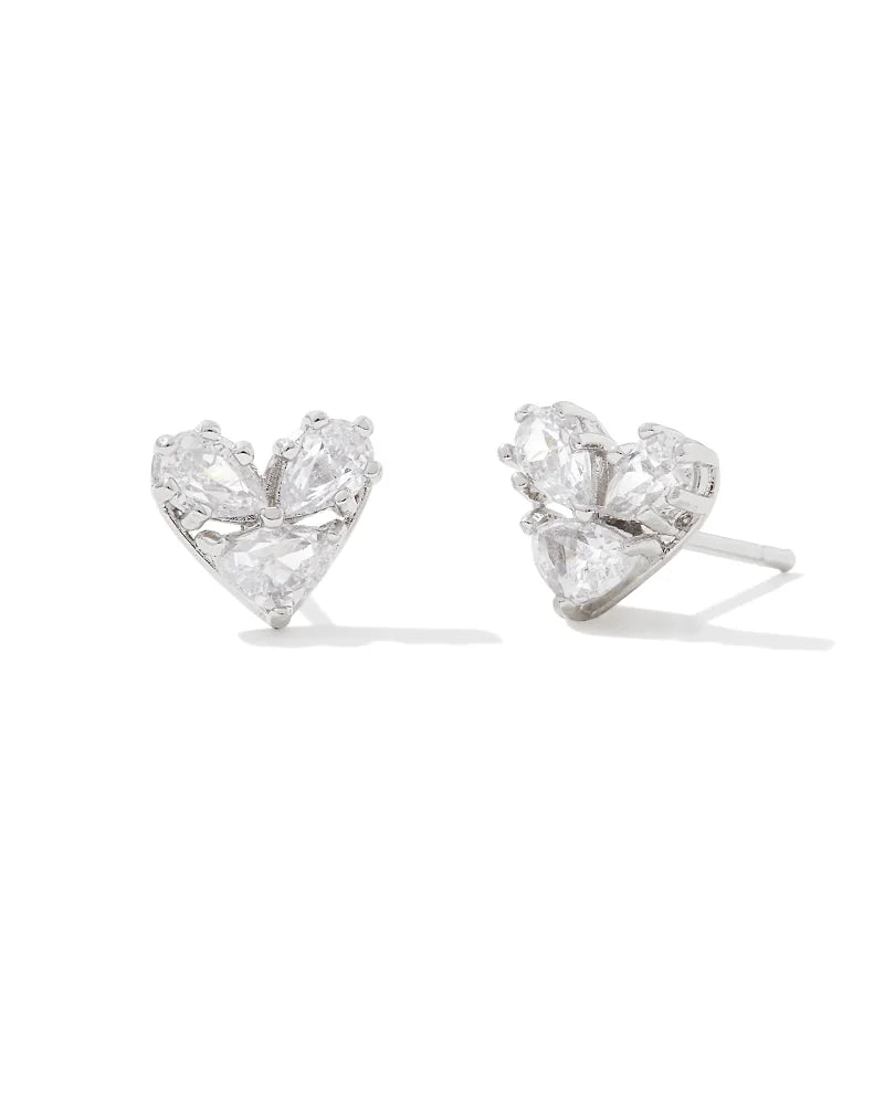Katy Silver Heart Studs Earrings White Crystal