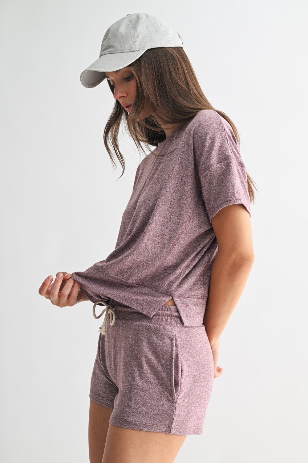 Brushed Hacci Dolman Short Sleeve Top Dark Plum