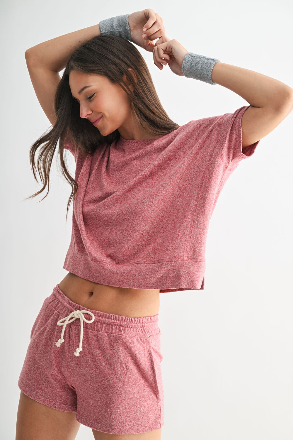 Brushed Hacci Dolman Short Sleeve Top Garnet Red