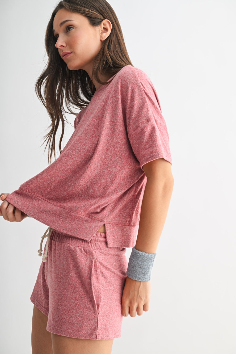 Brushed Hacci Dolman Short Sleeve Top Garnet Red