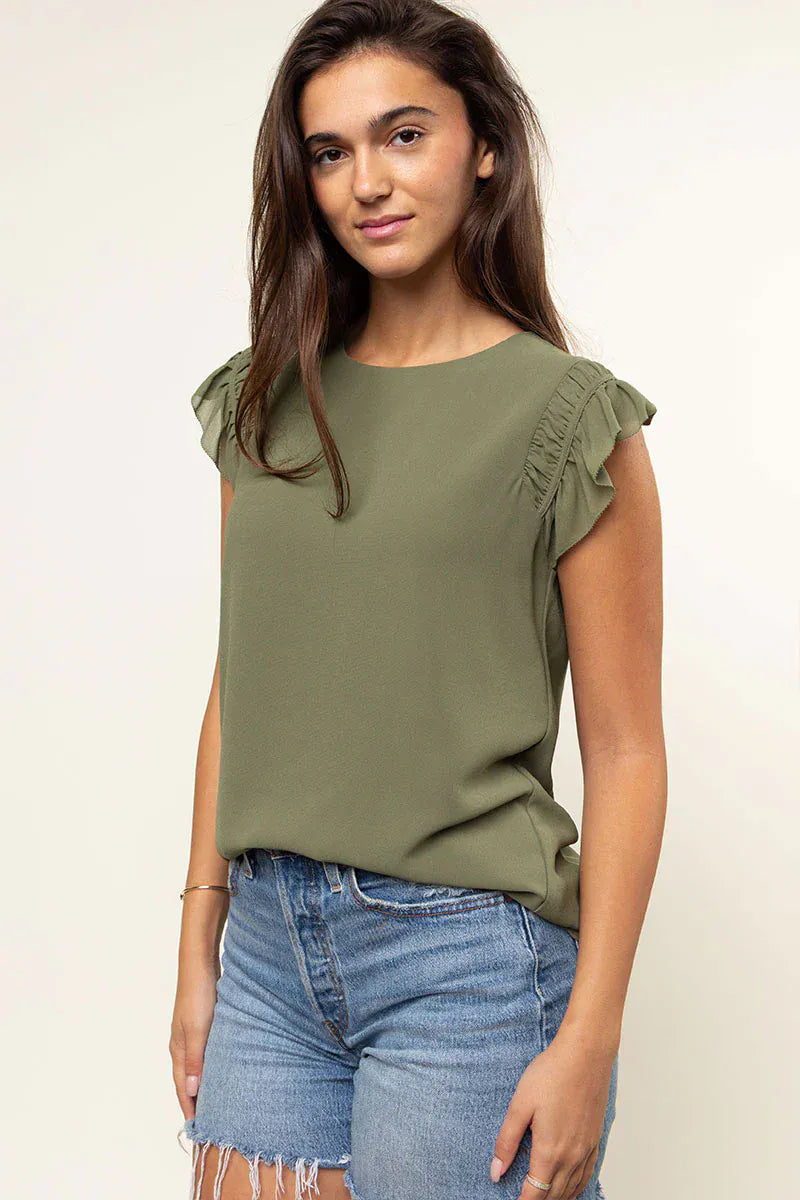 Naked Zebra Tops - Blouse Final Sale Ruffle Shoulder Shell Top Laurel