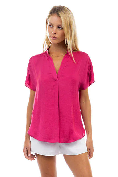 Naked Zebra Tops - Blouse Sm Drop Shoulder Woven Blouse  Pink Peacock
