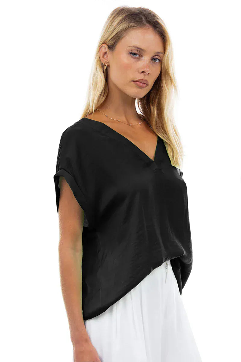 Naked Zebra Tops - Blouse V-Neck Drop Sleeve Top Black
