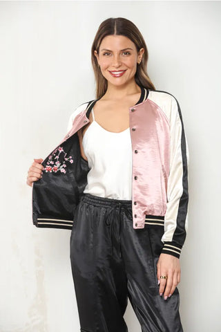 Paparazzi Outerwear - Jackets Reversible Cherry Bloom Embroidered Satin Jacket